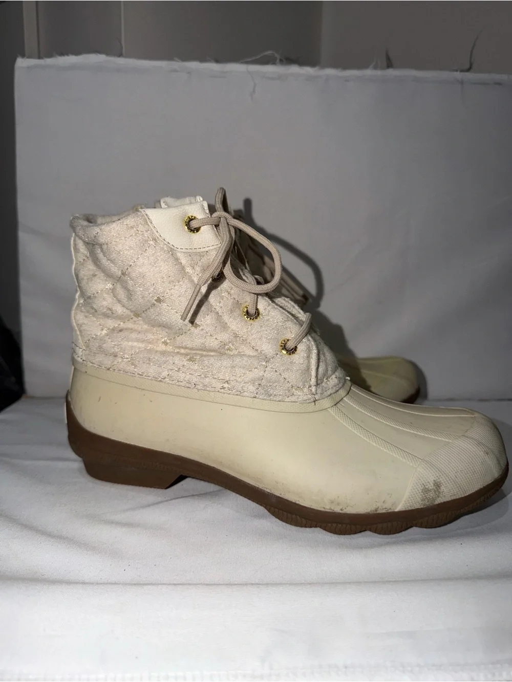 Sperry Boots Syren Gulf Wool Quilted Ivory Tan Zip Up Winter Shoes 8 Duck Boot